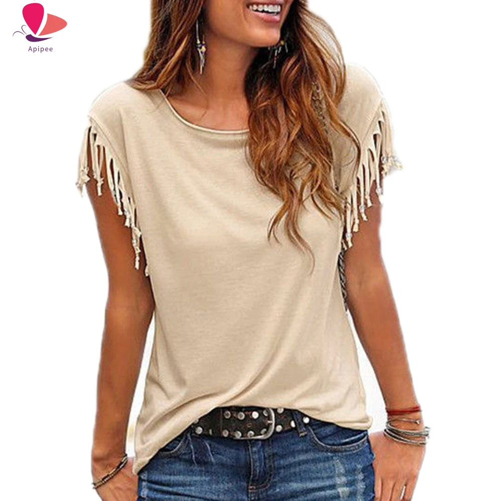 Women Cotton Tassel Casual T-shirt Sleeveless Solid Color Tees Short Sleeve O-neck Women's Clothing T Shirt Hot Sales In 2024