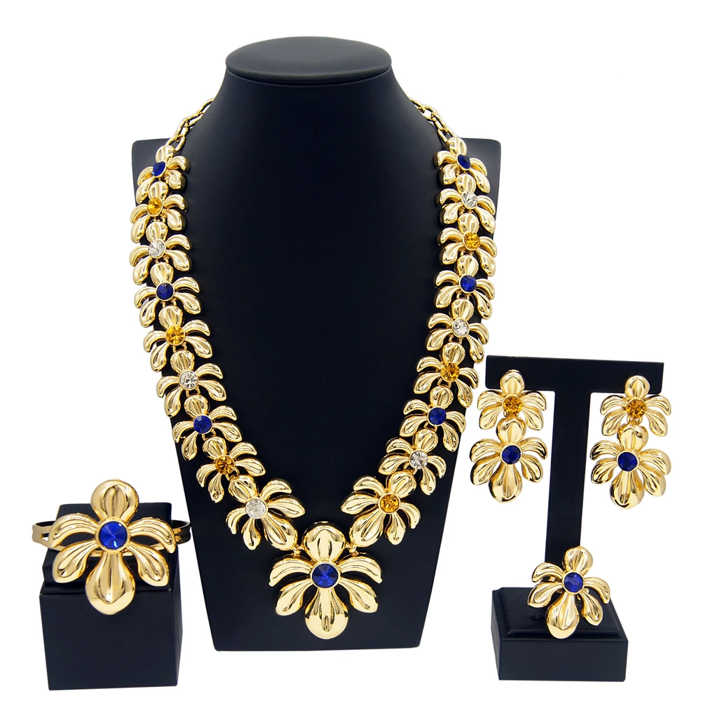 

Yulaili cheap 24K Indian gold plated jewelry 4-piece set Italian rich design concept trend brass flower chain girl wedding dowry