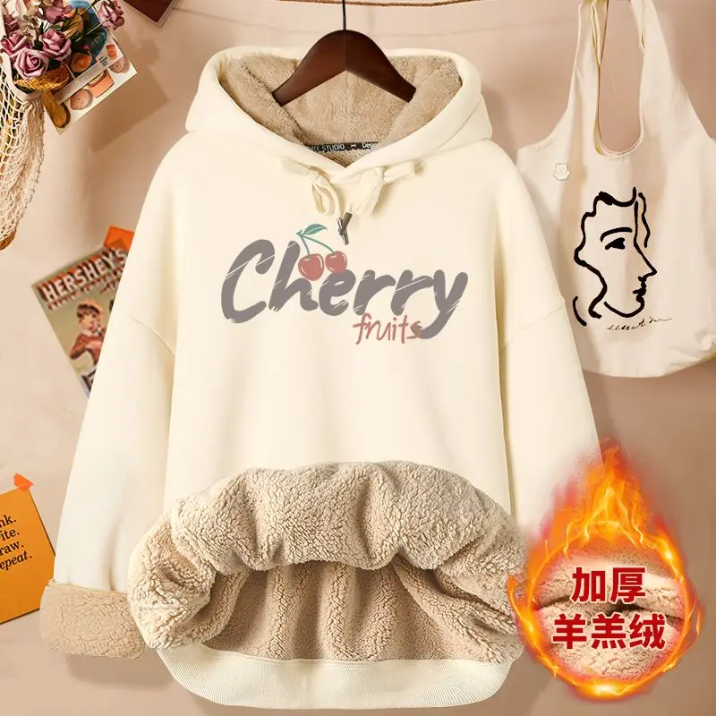 Lamb Velvet Sweatshirt Women New Kiss Cat Print Pocket Hooded Jacket Autumn Winter Y2k Clothes Thick Coat Fleece Pullover Thick