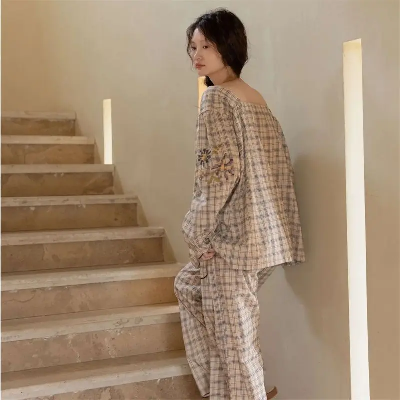 봄과 가을을 위한 달콤한 체크무늬 소녀 잠옷 세트 패션 홈웨어 새로운 한국 버전 연꽃잎 가장자리 소매