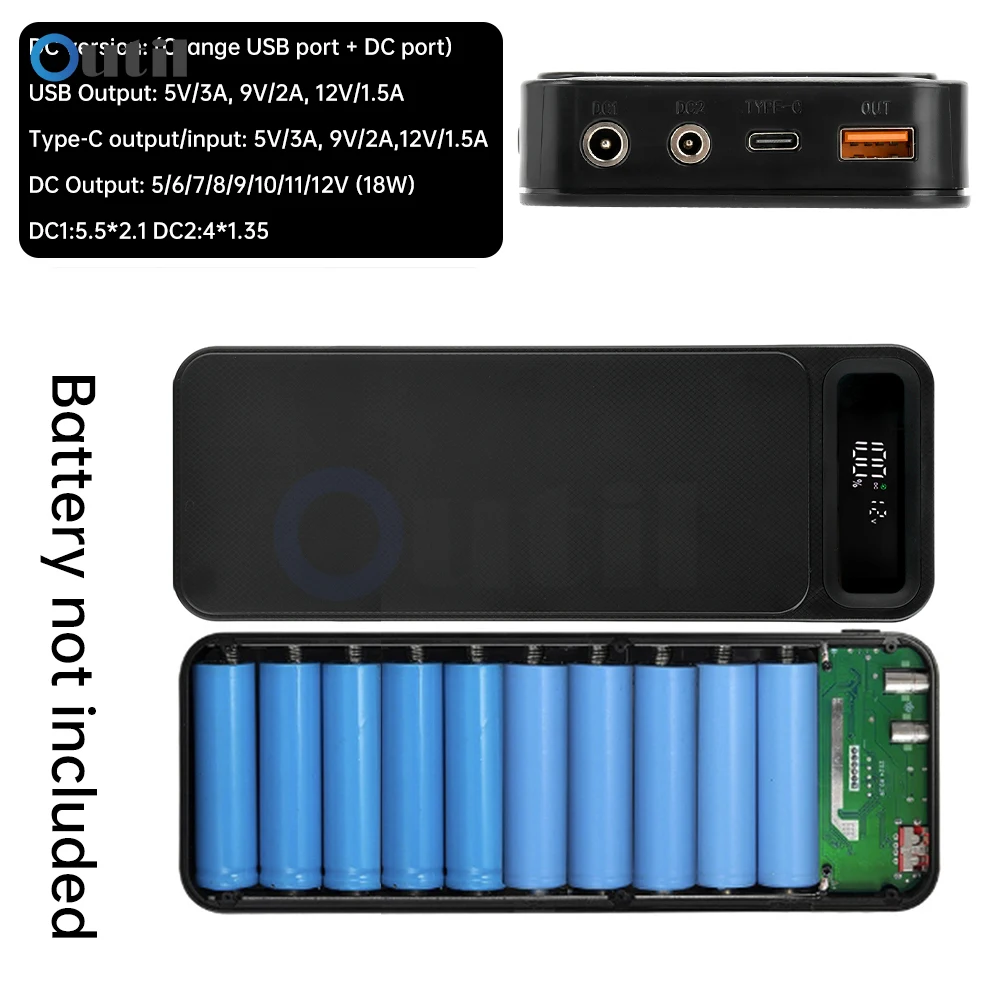علبة شحن طاقة متنقلة قابلة للتعديل DC5-12V 8/10 قطعة 18650 بطارية قابلة للإزالة خالية من اللحام لأجهزة DC5/6/7/8/9/10/11/12 فولت