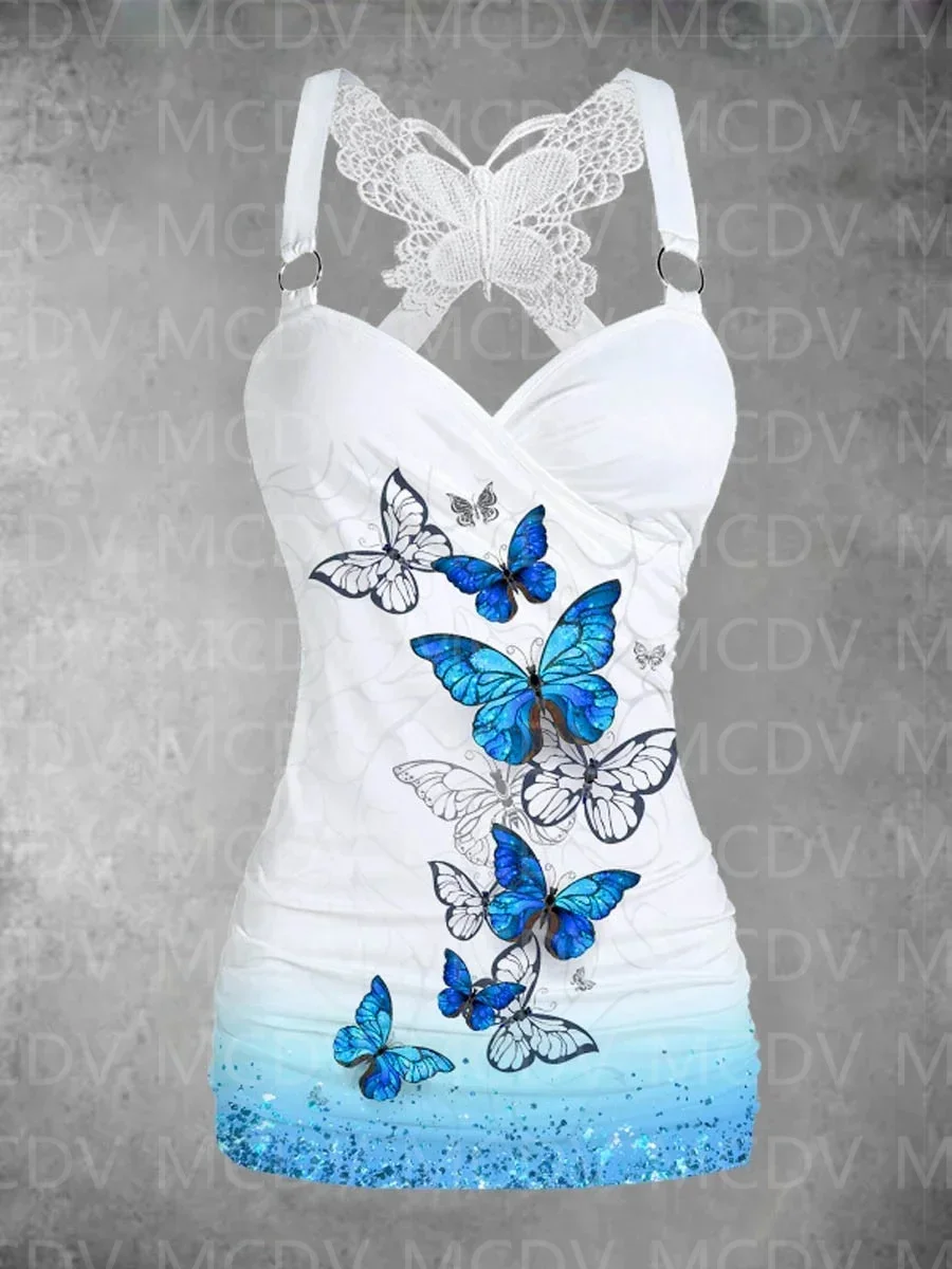 Women's Butterfly Floral Art Casual Tank Top 3D All Over Printed Women Sexy Tank Top+Flare Wide Leg Pants