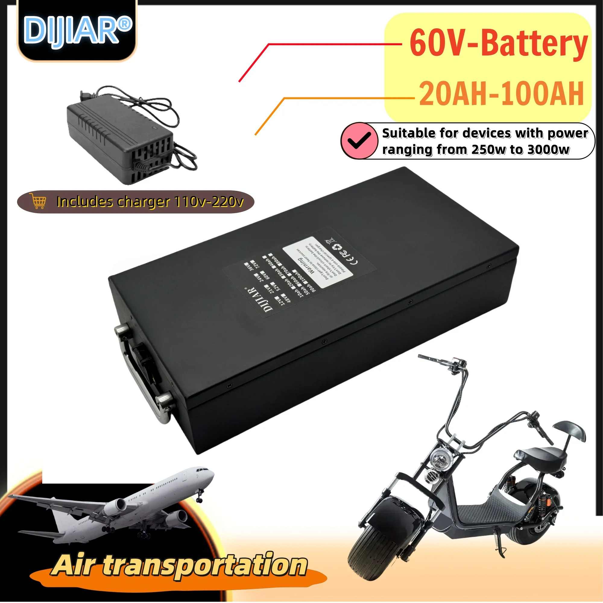

60V Harley battery Citycoco20AH-100AH for air transportation, with built-in BMS40AH suitable for 500W~3000W Harley motorcycles,
