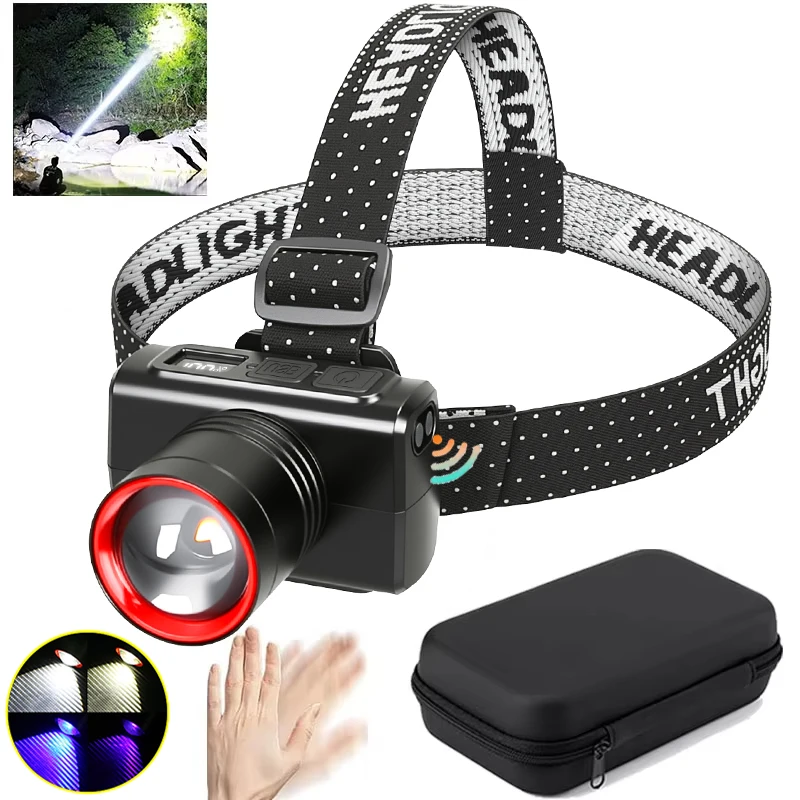 Lampada frontale con sensore Torcia frontale a 4 LED Potente torcia frontale Batteria incorporata Lanterna da campeggio da pesca ricaricabile tramite USB