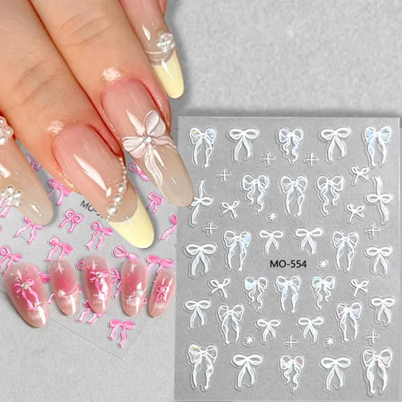 3D 흰색 Bowknot 양각 부조 자기 접착 네일 아트 스티커 여름 네일 아트 데칼 장식 DIY 귀여운 매니큐어 액세서리