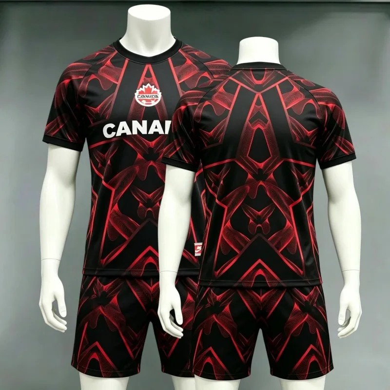 

Canada Soccer Jersey Set Men's Breathable Quick Dry Football Shirt + Shorts Kit Maple Leaf Geometric Pattern Uniform for Fans