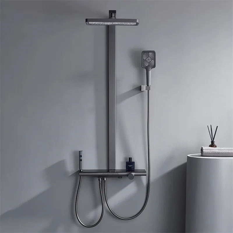 Imagem -04 - Bath Shower Torneiras Conjunto Latão Mixer Hot & Cold Torneiras Temperatura Constante Cachoeira Prata Branco Gun Grey Wall Mount Novas Chegadas