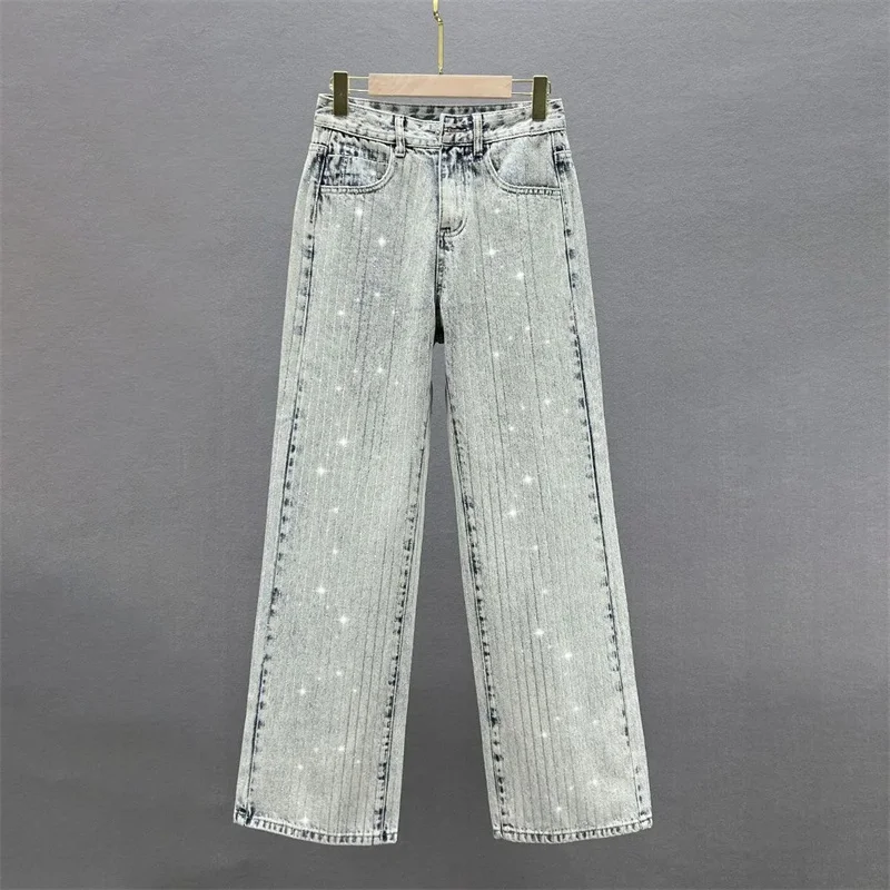 2024 New Spring And Summer Wome Denim Pants Fashion Beaded Jeans Wide-Leg Pants Female Tide  High Waist Loose Mop Pants