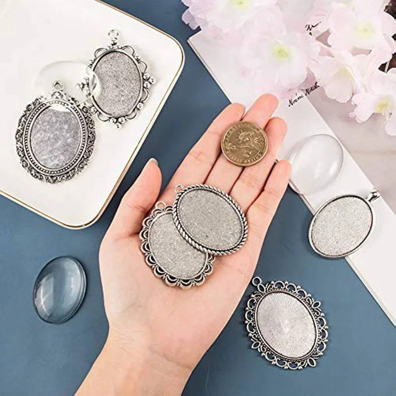 6pcs 6 Shapes Tibetan Pendant Trays Bezel Settings Trays and 6pcs 40x30mm Glass Cabochons Clear Dome for DIY Jewelry Making