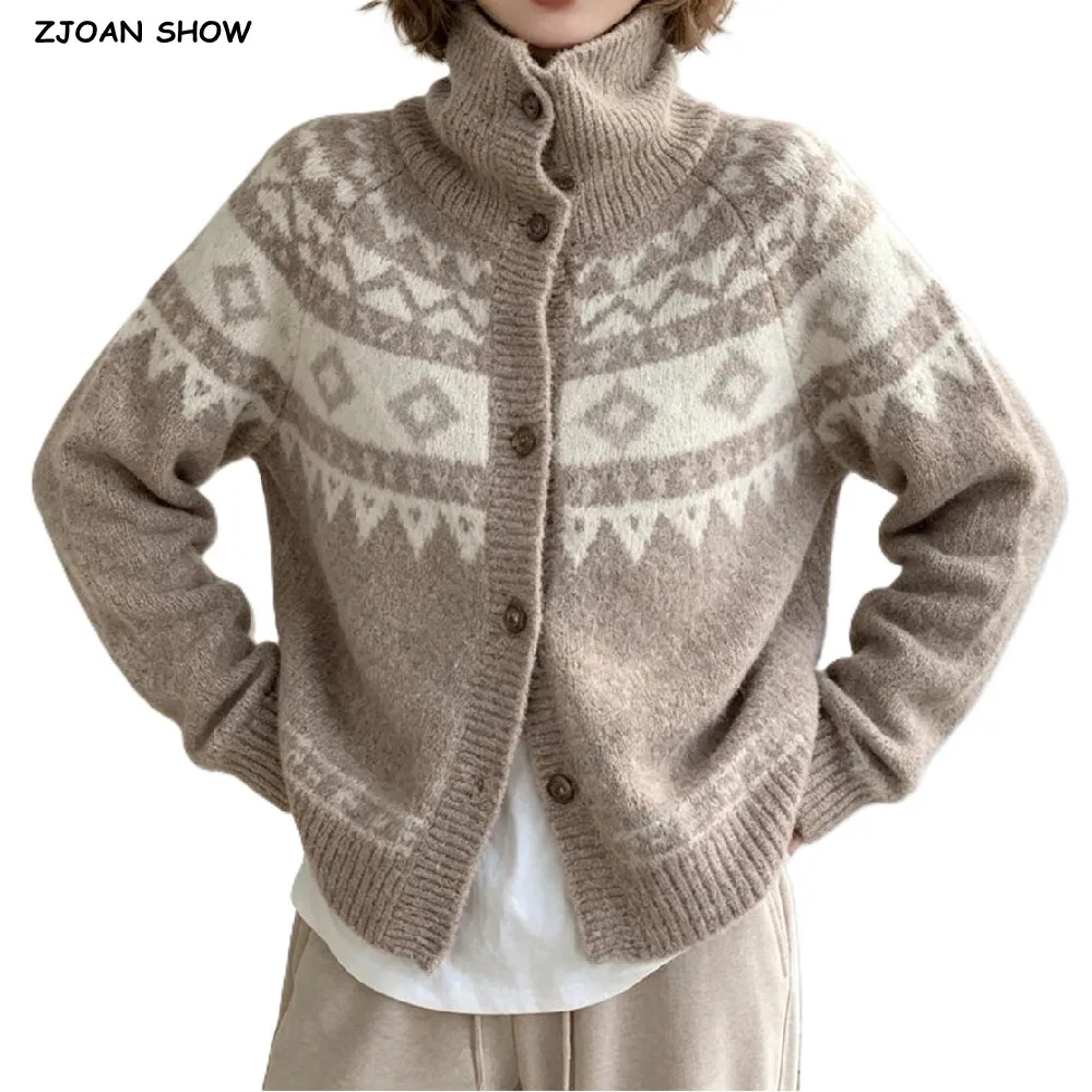 Autumn Winter Women Geometric Argyle Plaid Knitted Open Buttons Turtleneck Cardigan Long Sleeve Loose Sweater High Neck Knitwear