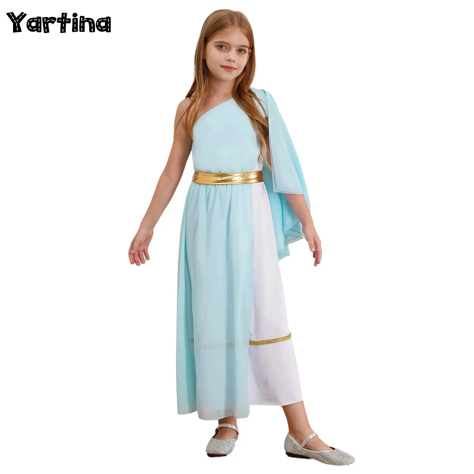 

Girls Ancient Greek Rome Egypt Toga Egyptian Princess Halloween Cosplay Costume Tulle Shawl Flowy Rome Dress with Waistband