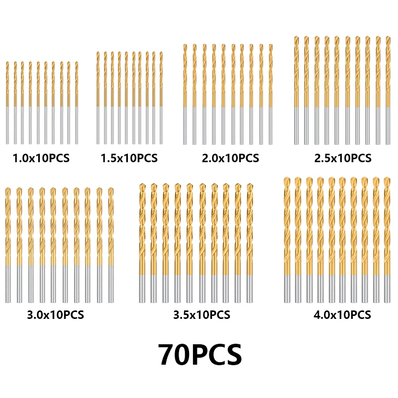 70pcs Twist Drill Bit Set 1.0/1.5/2.0/2.5/3.0/4.0mm Wood/Metal Hole Cutter Titanium Coated HSS Drill Bit Set
