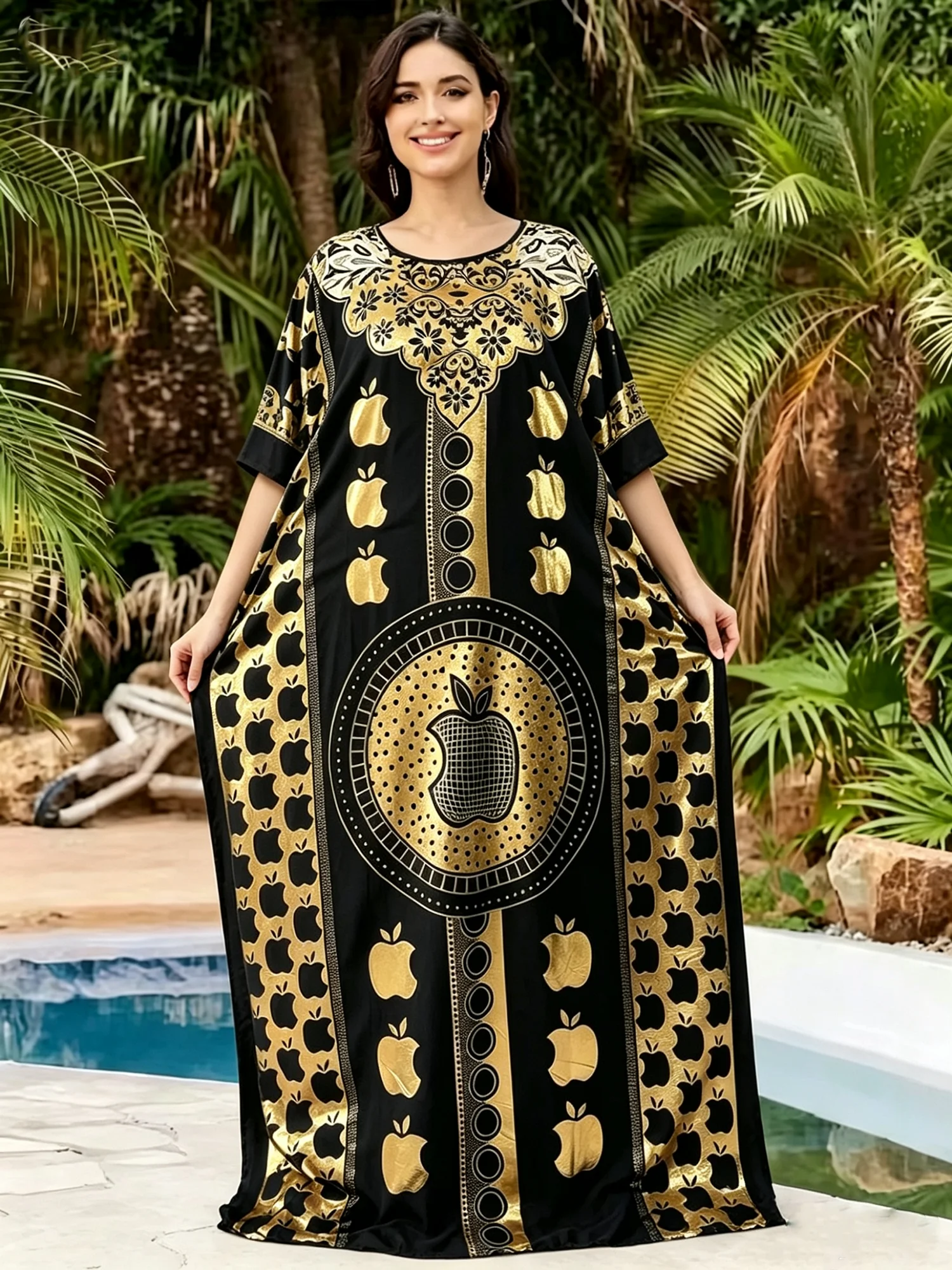 

2026 Party Dress Short Sleeve Abaya Golden Printing Floral Loose Boubou Maxi Islam Women African Abaya Clothing