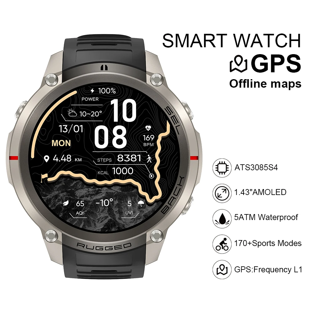 2026 DM59 Smart Watch Offline Map Built-in GPS 1.43inch Amoled Screen 5ATM Waterproof Compass Sports Relojes Smartwatch for Men
