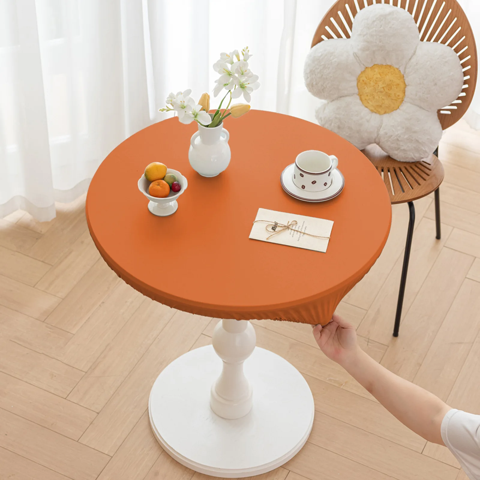 

2024 Fully wrapped elastic leather non washable round table cover, simple solid color, round, dustproof and anti slip