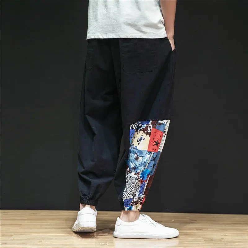 Chinese Style Cotton Linen Trousers 2024 Summer New Men's Trendy Loose Spliced Printed Elastic Drawstring Casual Harlan Pants