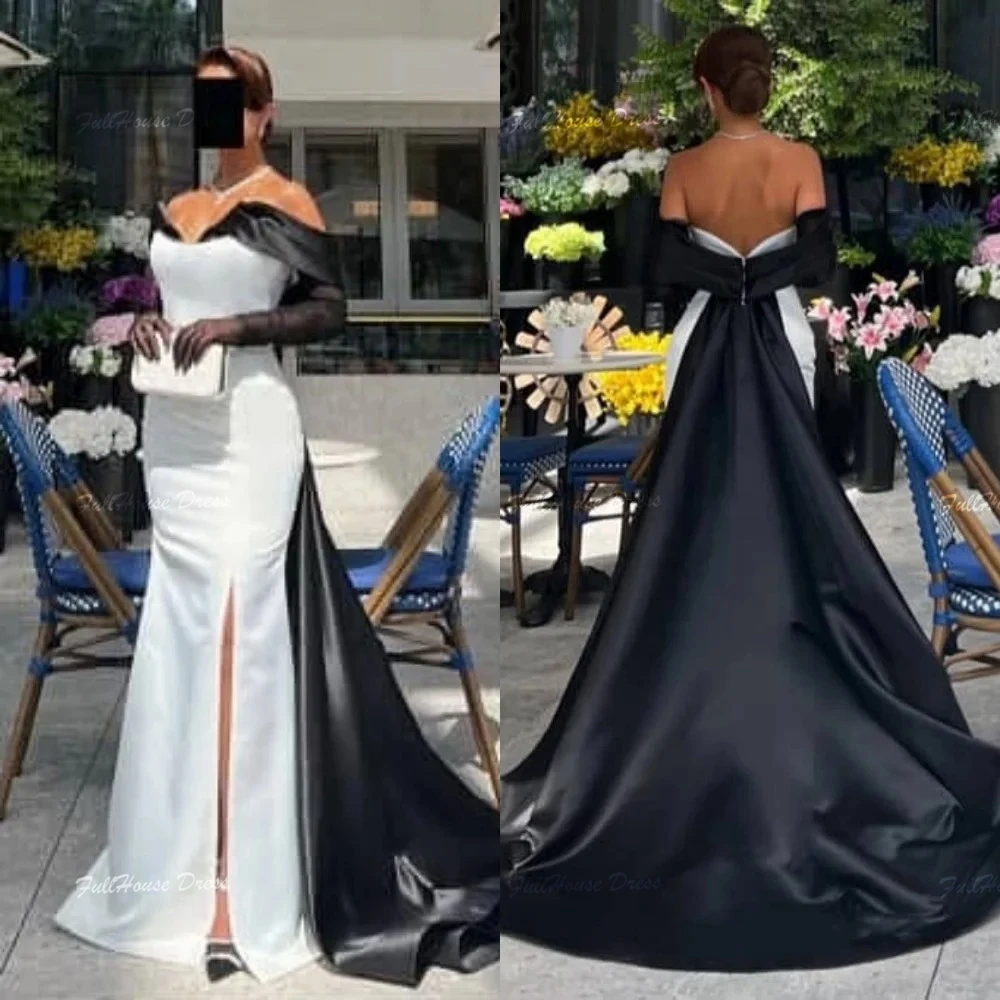 Vestido de fiesta formal con abertura lateral plisado y hombros descubiertos personalizado Vestido de noche hasta el suelo sin espalda con tren de barrido