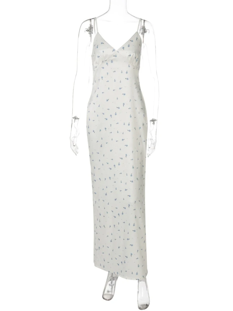 FDYOUI 花柄プリントロングドレス レディース Y2K ストリートウェア 2025 夏 ノースリーブ Vネック ハイウエスト スリット入り バケーション パーティー ドレス