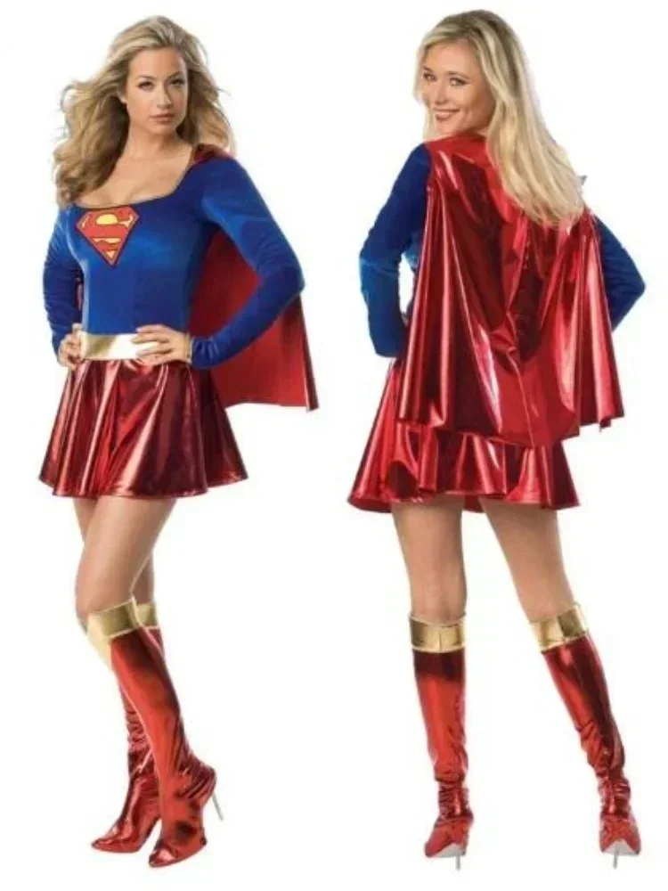 Vestido de superwoman, disfraces de Cosplay, vestido de superniñas, cubrezapatos, traje de superhéroe, abrigo superior para mujer, disfraz de Halloween
