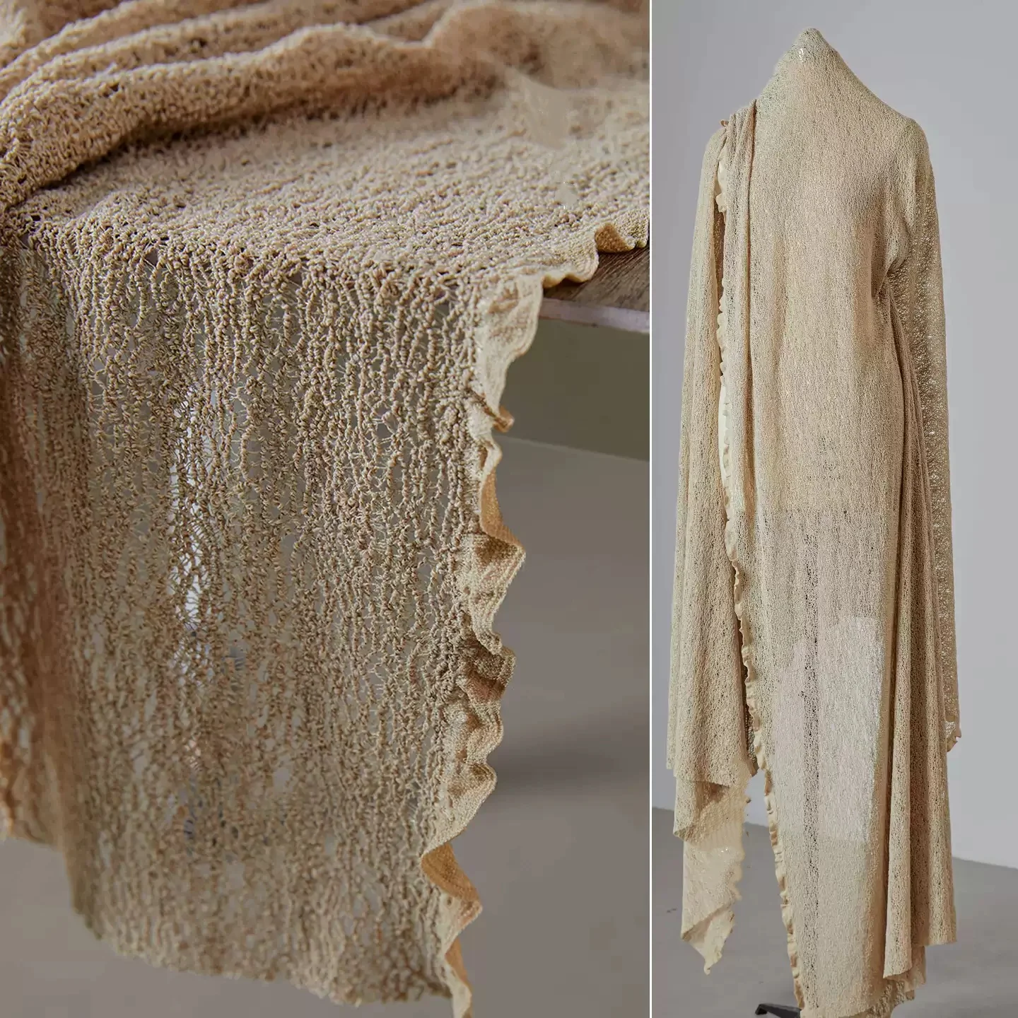 ベージュブラウンの薄い質感の伸縮性のあるニット素材、透け感のあるレースメッシュ、diyドレス、ファッションショー、デザイナー服地