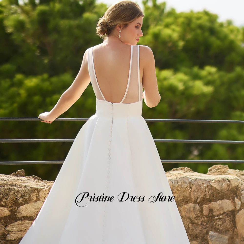 Charming White Satin V-Neck A-Line Wedding Dress with Pockets Women Customized Jersey Zipper Back Bridal Gowns Button Decoration