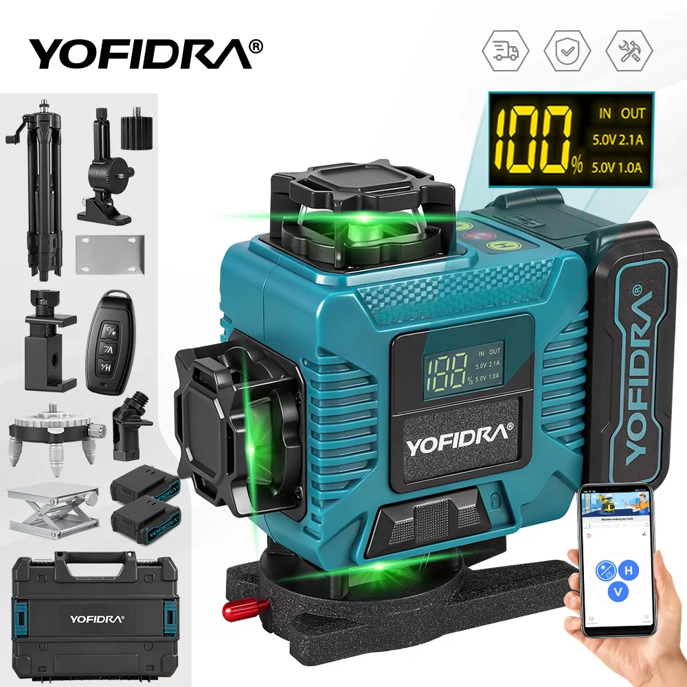 YOFIDRA 16 Linien 4D Professionelles Laser-Nivelliergerät APP Fernbedienung 360° ° Selbstnivellierender Horizontaler und Vertikaler Hochleistungs-Grünstrahl