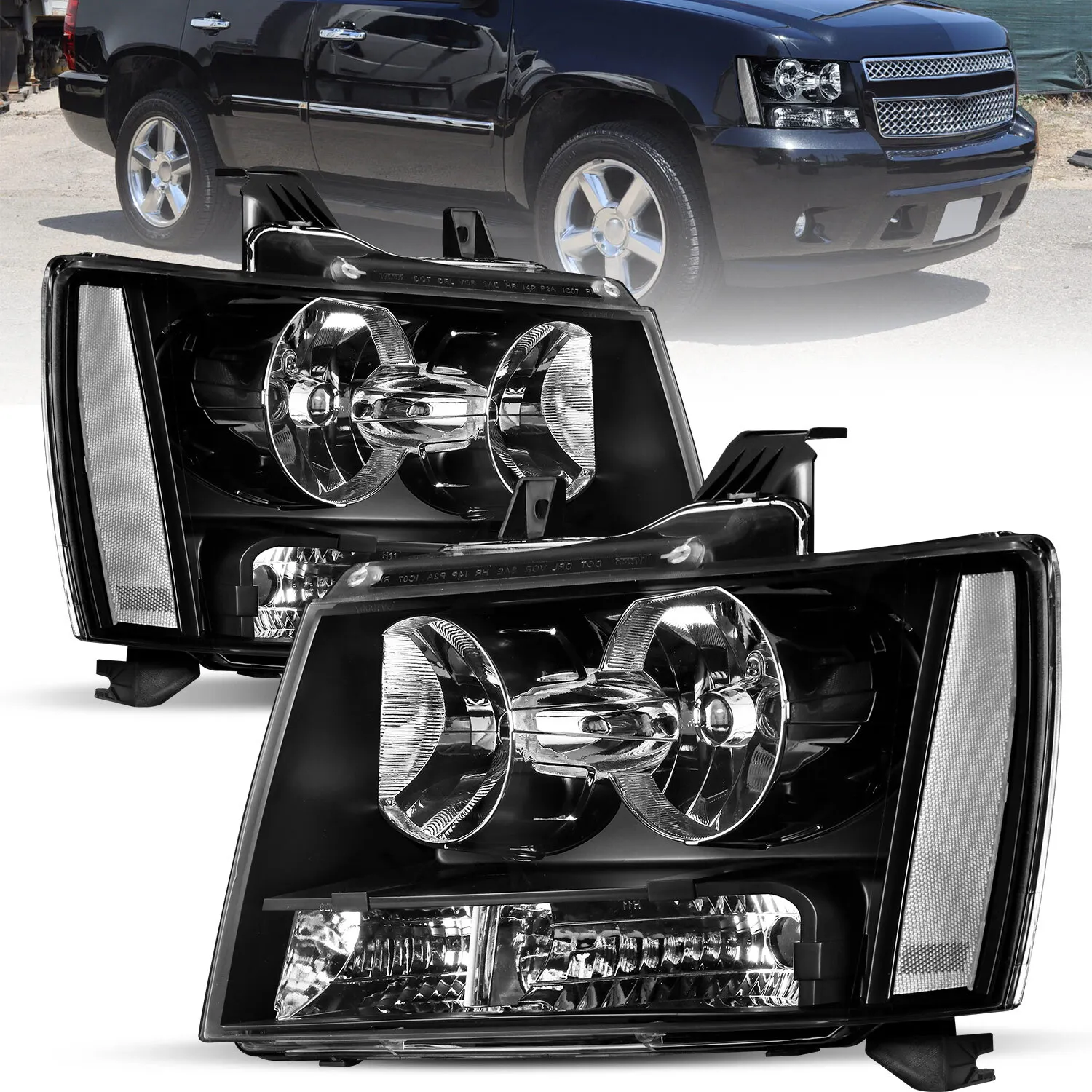 

2X Black Housing Headlights Assembly For 2007-2014 Chevy Suburban 1500 Tahoe New