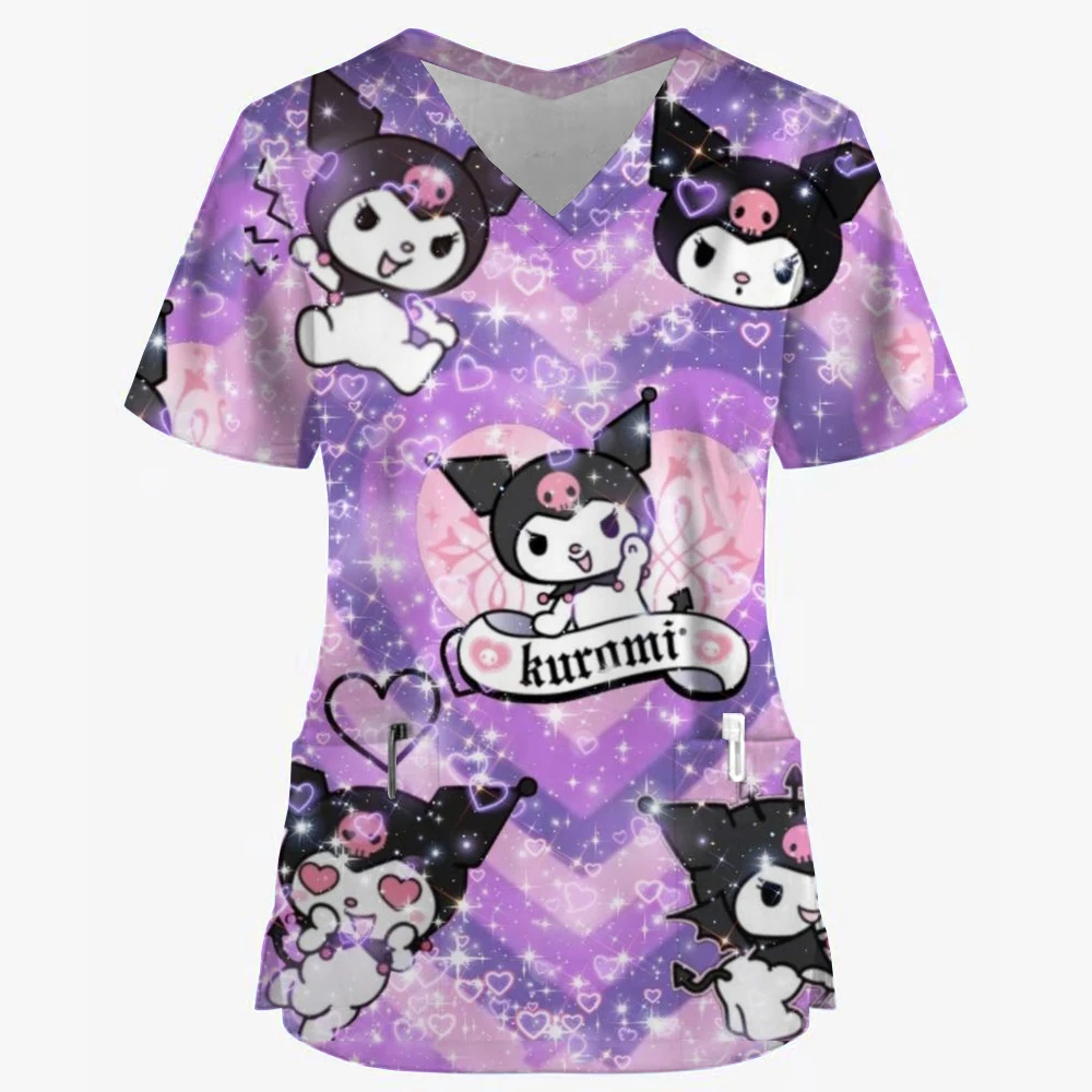 Sanrio Kuromi Hello Kitty Pocket Top 3D Print Y2k Cartoon V Neck Women T-shirts T-shirt New Woman Clothing Nurse Uniform Summer