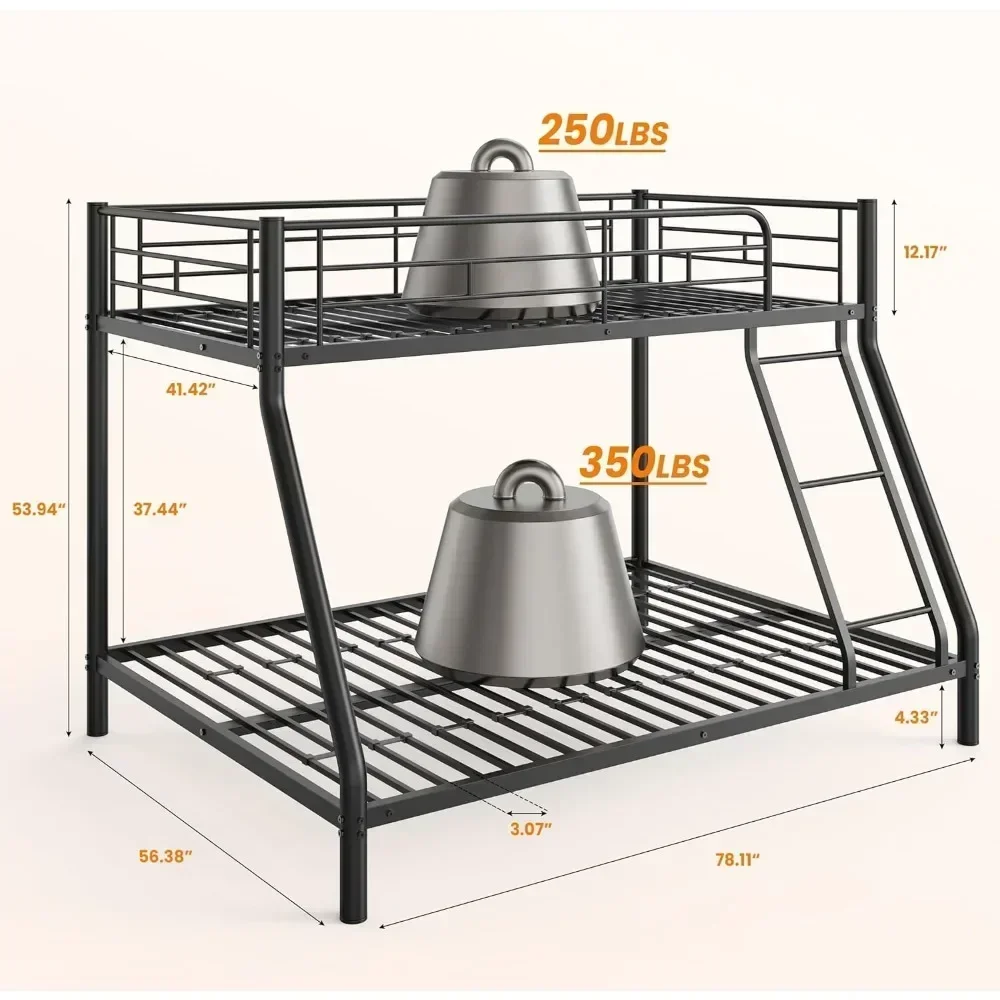 Bunk bed with ladder and safety railing, no spring box required, black suitable for children/adult bedrooms, space-saving design