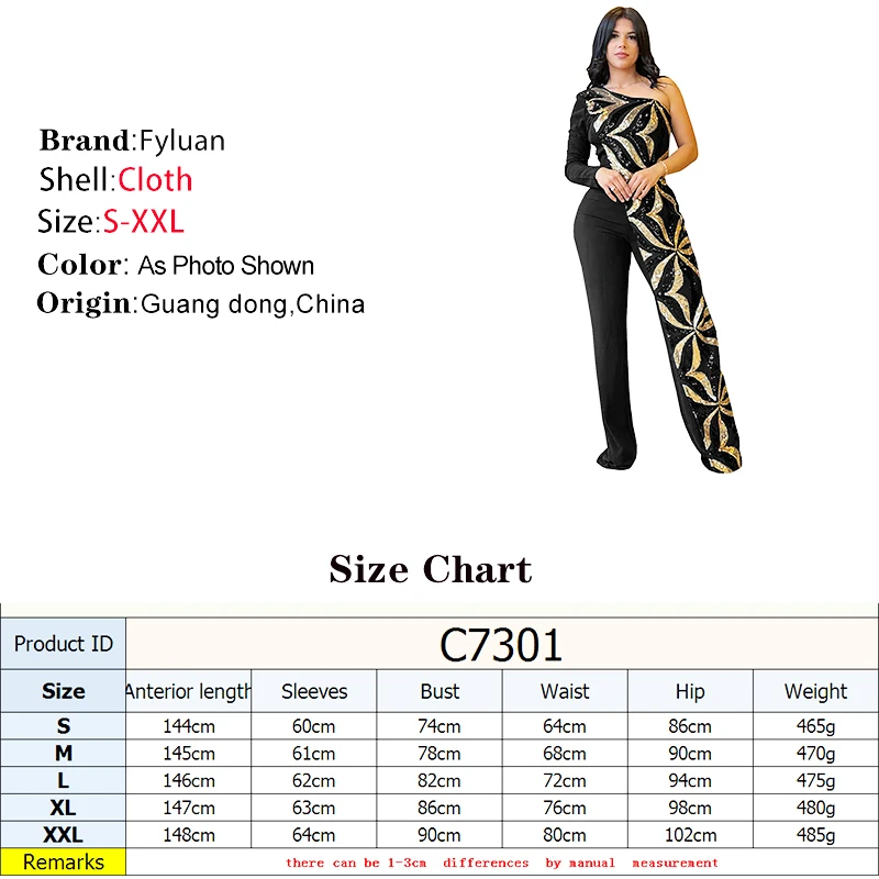 2025 Gorgeous Women Shiny Geometric Sequins Fitted Jumpsuits One Long Sleeve Diagonal Neck Sequined Patchwork Wide Leg Jumpsuits