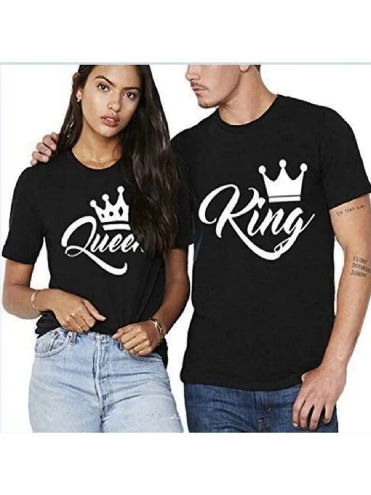 100% Cotton T Shirt KING QUEEN Letter Crown Printed Black White T-shirts Summer Casual Couple Lovers Tshirt Tops Clothes