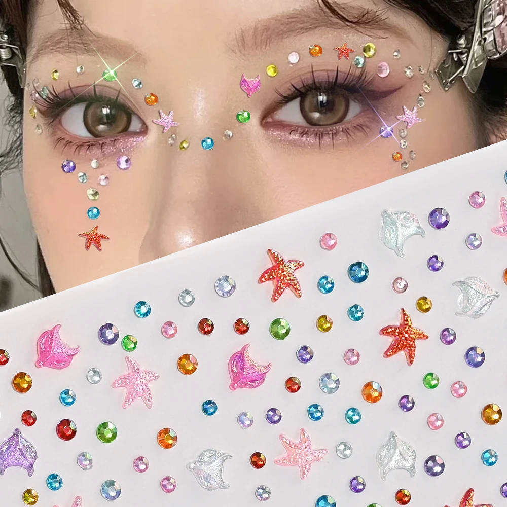 1Pcs Colorful Crystal Starfish Diamond Face Sticker Acrylics Durability Aurora Iridescent Mermaid Gemstone Star Tattoos Stickers