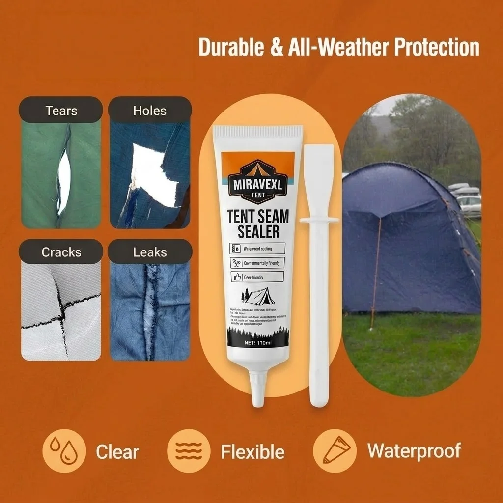 MIRAVEXL Waterproof Tent Seam Sealer & Fabric Repair Adhesive, Fast Drying Leak Fix Solution with Applicator for Outdoor Gear