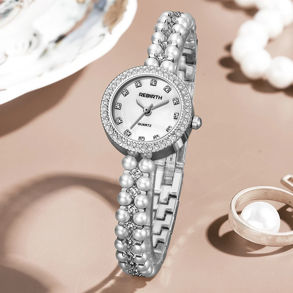 ساعة سوار فاخرة جديدة مرصعة باللؤلؤ، ساعة كوارتز نسائية عصرية صغيرة الحجم