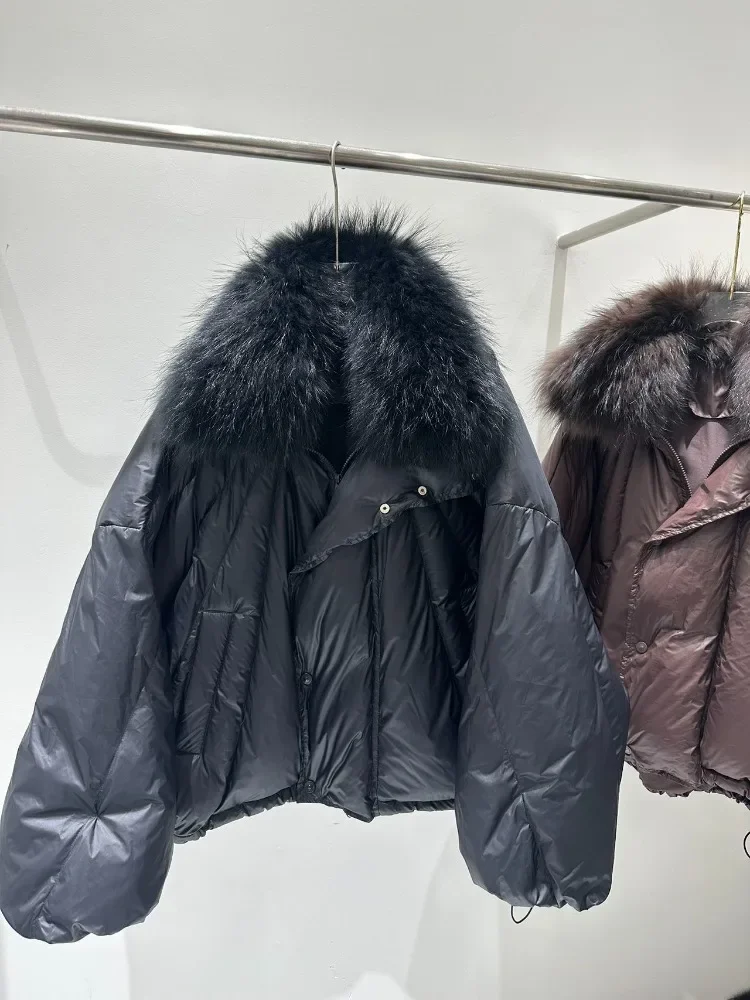 OFTBUY ريال ضخم الراكون الفراء طوق سترة منفوخة جديد الشتاء المرأة قصيرة فضفاضة سميكة الدافئة أسفل معطف الأبيض بطة أسفل سترة
