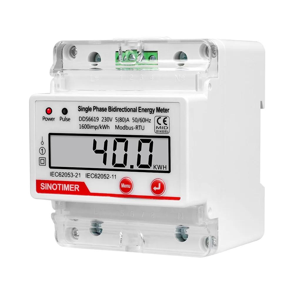 AC 230V 80A 4P Single Phase Bidirectional Electricity Energy Meter KWH with RS485 Modbus RTU Communication Power Consumption