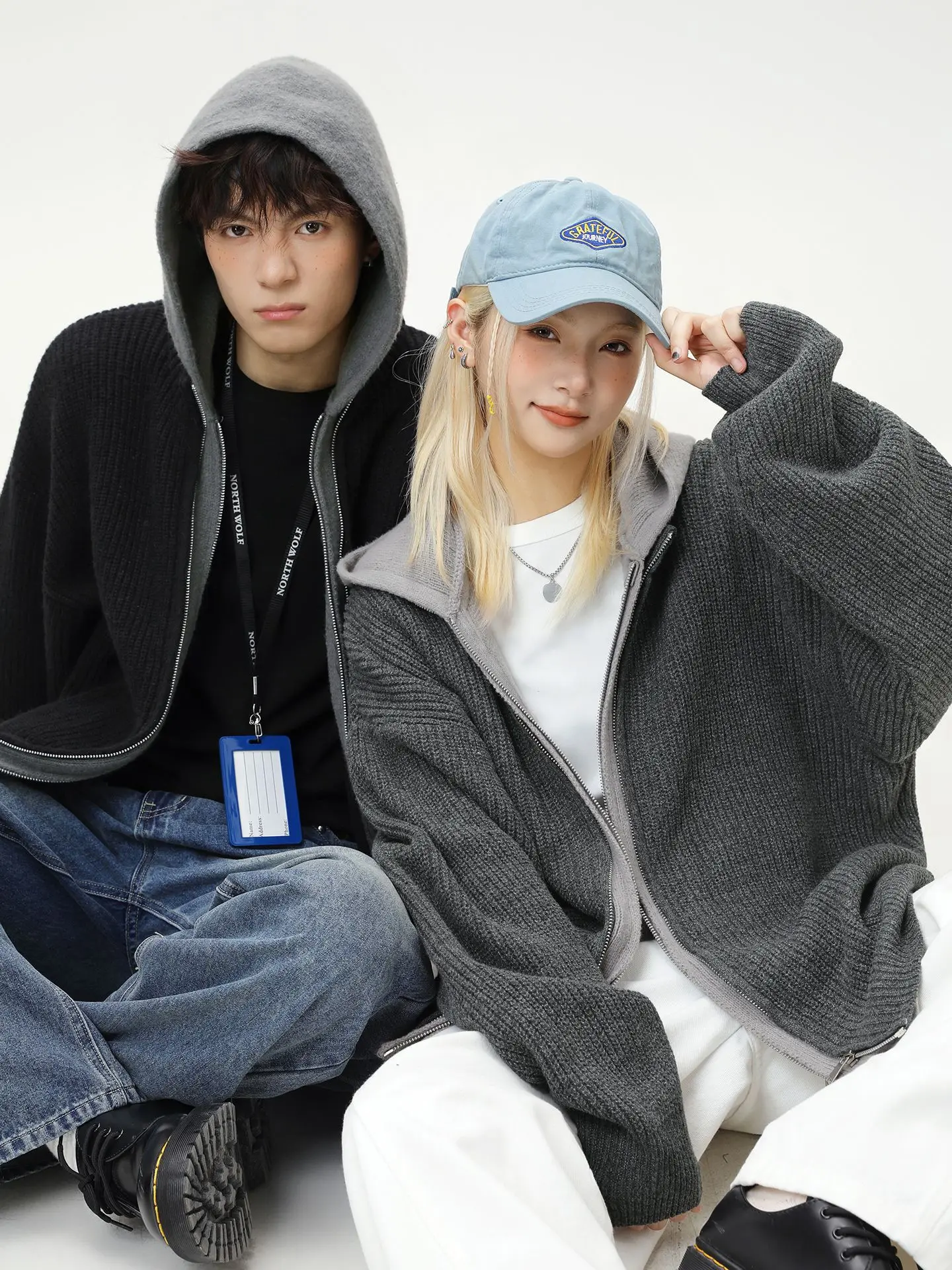 

Faux Deer Plush Fake Two-piece Cardigan Hooded Sweater Men and Women Couple Loose Lazy Retro Knit Sweater Coat Keep Warm