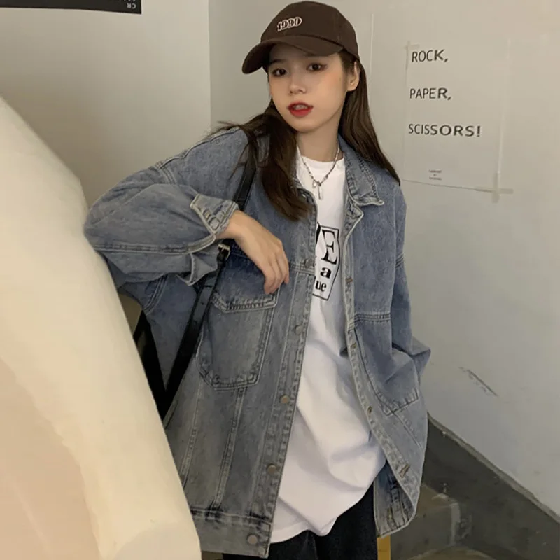 New Korean Denim Jacket Women Autumn Outerwear Oversized Long Sleeve Coat Female Vintage Loose Streetwear Jeans Jackets Top