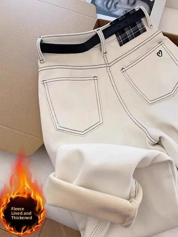 

Women's Slim Fit Fleece Lined Denim Pants High Waist Wide Leg Pants Embroidered Small Hearts Warm Winter Jeans