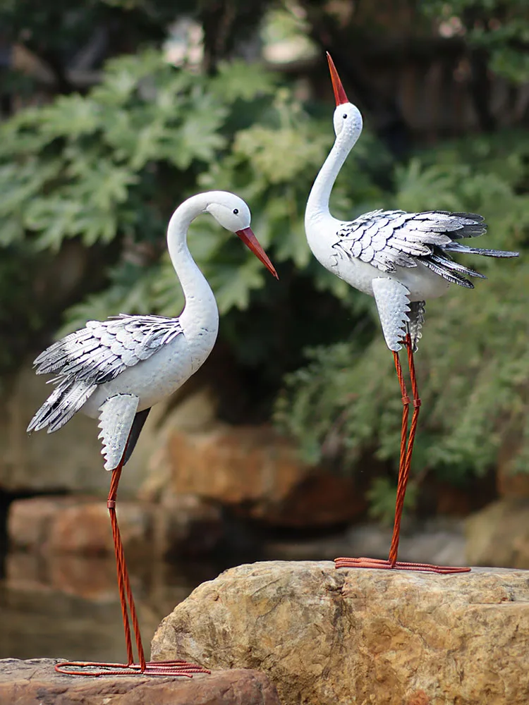 Outdoor Yard Garden Decoration Statues Iron Art Red-crowned Crane Gardening Exterior Accessories Decor For Country House Animal