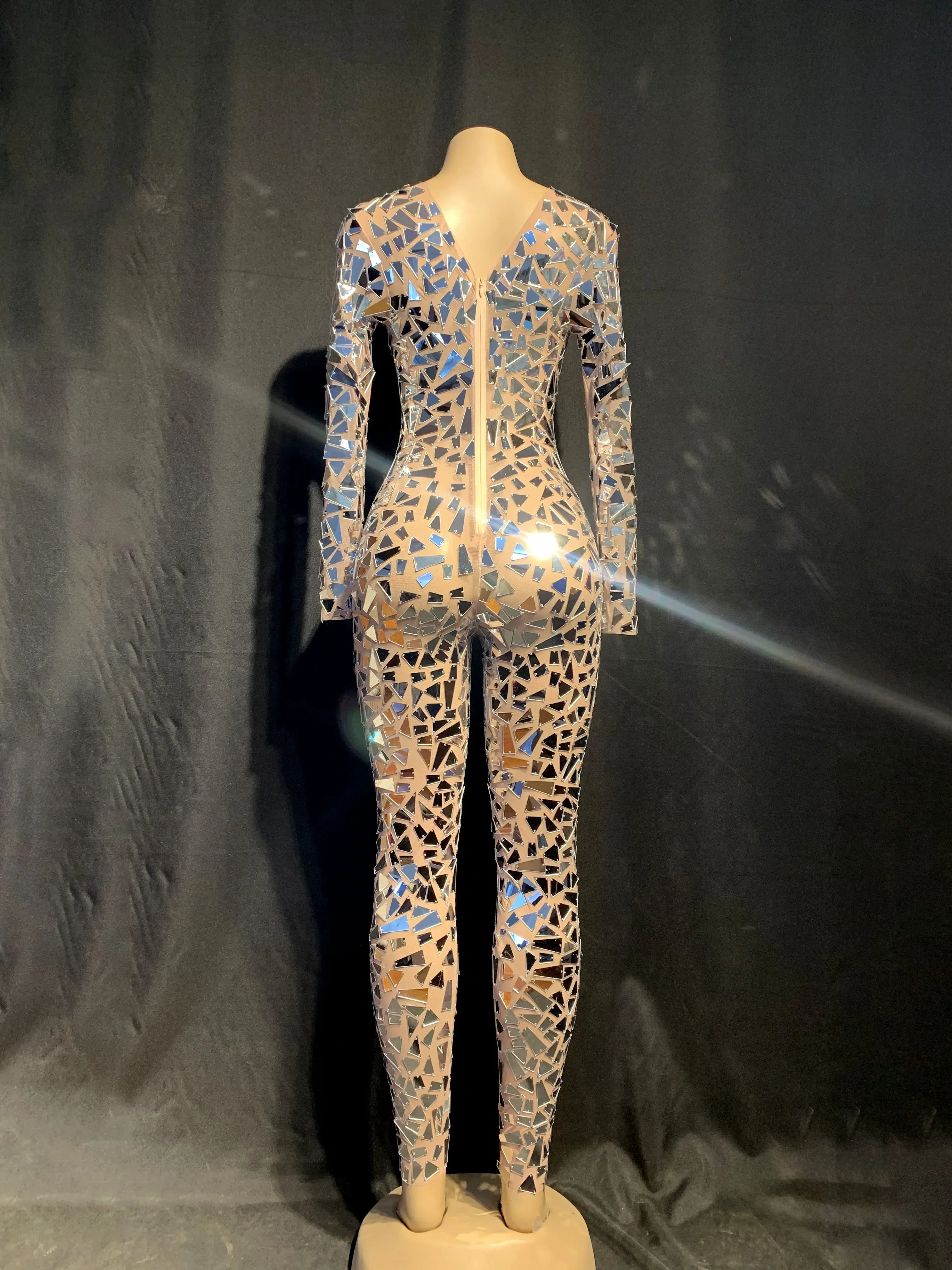 Sexy Transparent Mirrors Jumpsuit Stage Show Dance Wear Mesh Sequins Bodysuit Dance Performance Stretch Costume