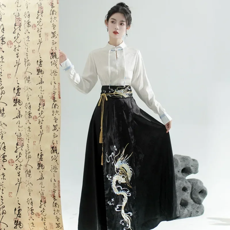 Традиционный ежедневный комплект Hanfu, платье с изображением лошади, женская новая юбка в китайском стиле с вышивкой дракона, модная уличная одежда