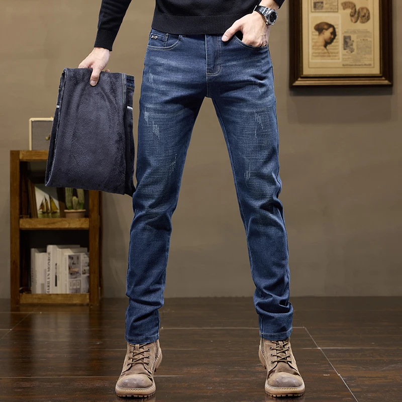 Fleece Men's Denim Jeans Classic Stretch Slim Straight-leg Trousers Casual All-match Pants Male Blue Black