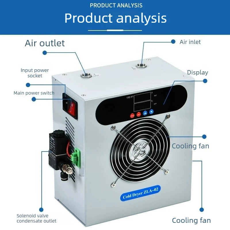 ZLA-02 Refrigerated Gas Dryer 210W Air Compressor Compressed Air Drying Water Removal Filtration Automatic Drainage Cold Dryer