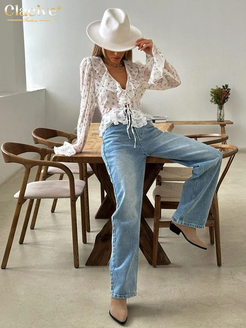 Clacive Sexy Loose Print Women Shirt 2025 Fashion V-Neck Long Sleeve Shirts Elegant Classic Ruffle Lace-Up Tops Female Clothing