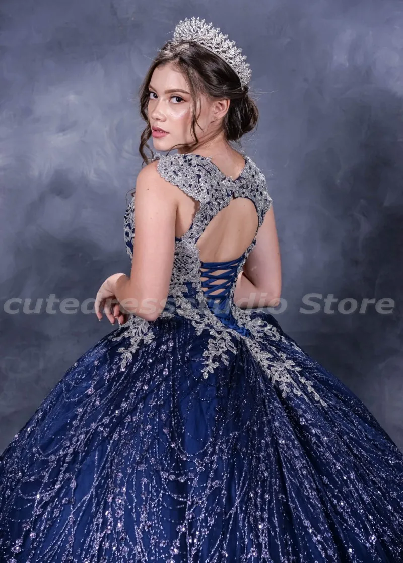 Charro Vestidos De XV ol abiti Quinceanera blu Navy Applique in pizzo paillettes ragazze messicane Quince compleanno dolce 15 abiti