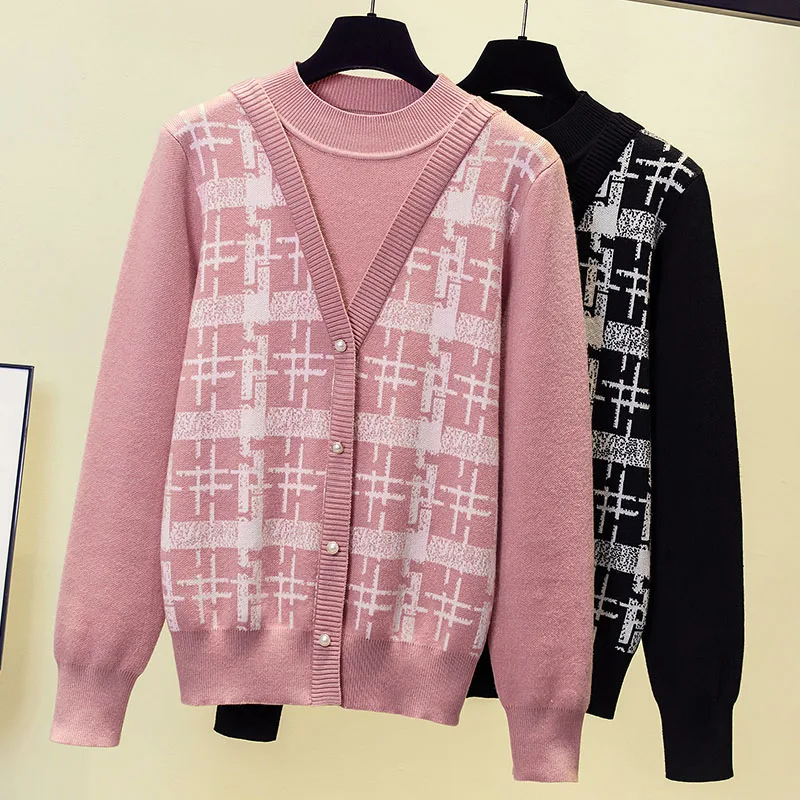 Korean Vintage Knit Sweater Pullover Women 2024 Autumn Winter Mock Neck Fashion Plaid Loose Vintage Ladies Tops Jumper