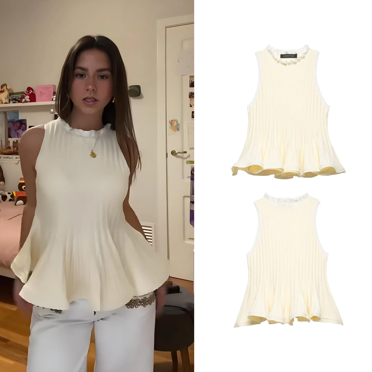 Women's Ruffled Ribbed Knitted Skirt-Hem Tank Top Summer Female Sweet Sleeveless Short Tops Blouse Lady Chic Casual Vest Blouses