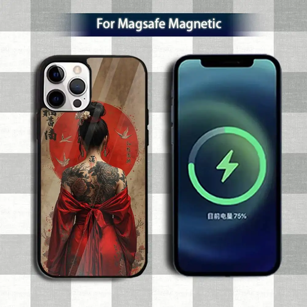 Etui na telefon z motywem sztuki samurajskiej J-Japan Geisha dla iPhone 13, 12, 15, 17, 11, 16, 14, Pro, Max, Plus, Mini, z obsługą Magsafe, magnetyczne etui do ładowania bezprzewodowego.