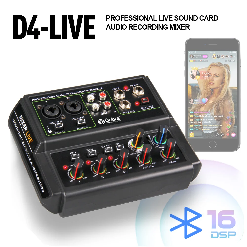 

D4-LIVE живая трансляция, смешивание звуковой карты, соединение DSP Bluetooth, 16 эффектов реверберации, подходит для прямой трансляции караоке, вокальных рекординов